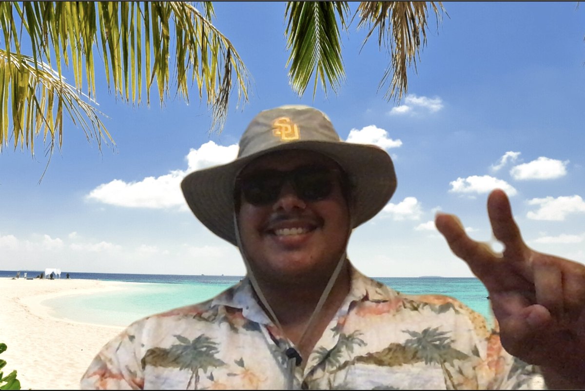 TJVela12's tweet photo. Day 5 of #SprinklrSpirit week has definitely been my favorite! I haven't been able to make it out to an actual beach in a long time, so, in line with our theme of the day "fix it, don't complain," I brought the beach to me (and all of my Zoom meetings) 🏝🌺 @Sprinklr https://t.co/VXicPg2ytF