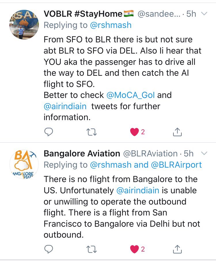rshmash's tweet photo. @HardeepSPuri @airindiain @MoCA_GoI @MEAIndia Sir please add flight from Bangalore to USA, there is return flight but not outbound. We are stuck here alone and without any job. Please help!! https://t.co/reDkaLQzvz