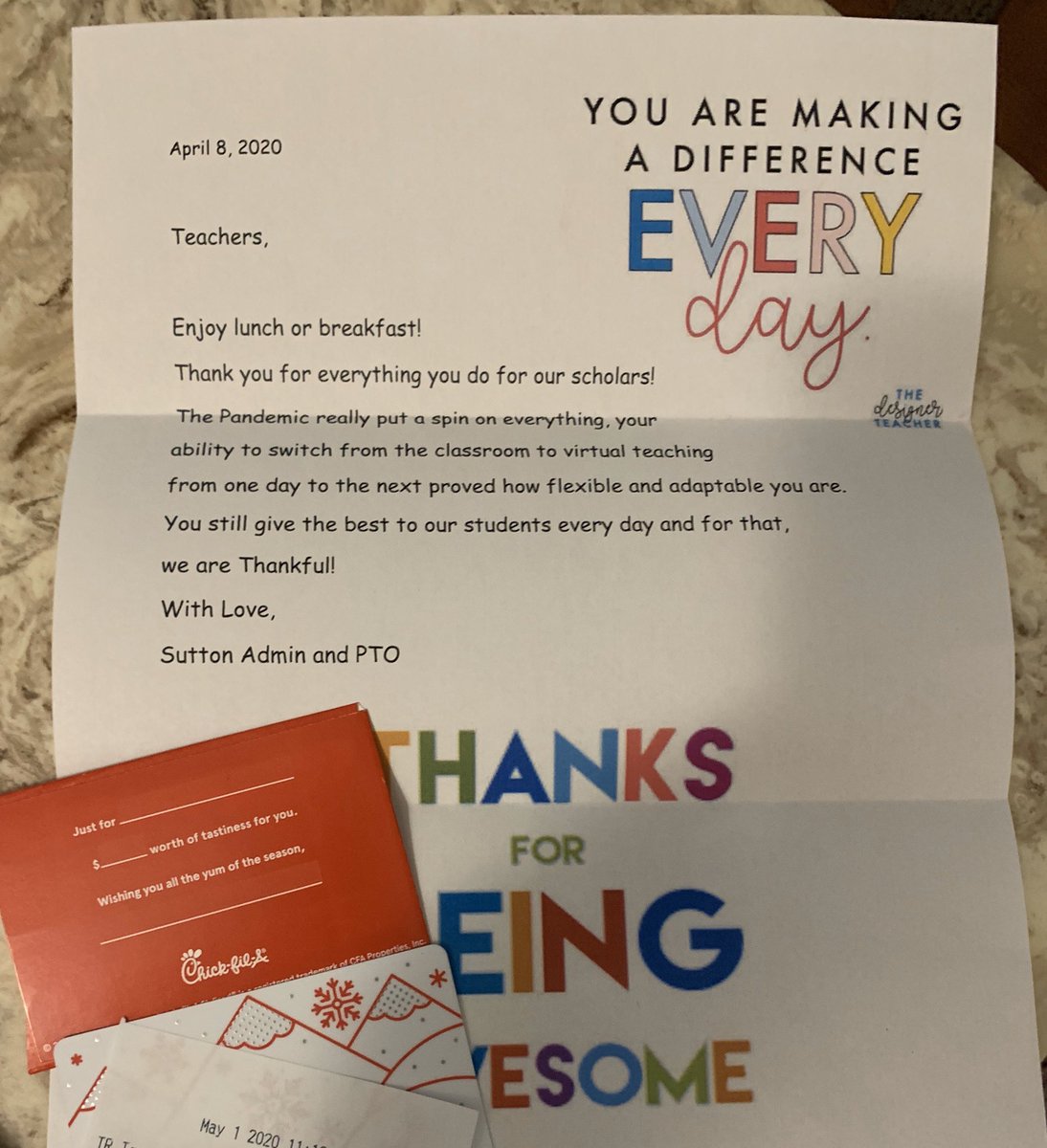 EdithRose07's tweet image. Thank you Sutton Admin. and PTO for the lovely Teachers Appreciation note and the Chick-Fil-A gift card! Breakfast of champs-chicken minis and for this Sutton Sweet-Tooth chocolate chip cookies of course!! ❤️🍪🎉📚✏️📝❤️#SuttonPride #TeacherAppreciationWeek