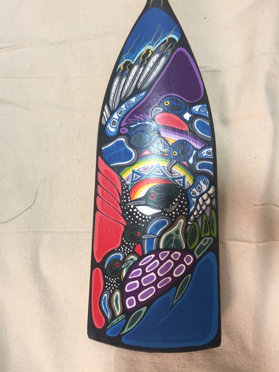 JennaLocke's tweet photo. @YorkshireMuseum The Red Lake Regional Heritage Centre's #BestBird is a #twofer as it features images of loons and eagles.
 
This paddle, painted by Canadian Indigenous artist Lloyd Kakepetum is one of my personal favourites #CuratorBattle #IndigenousArt #CanadianArtist #WoodlandArt https://t.co/if8silikal
