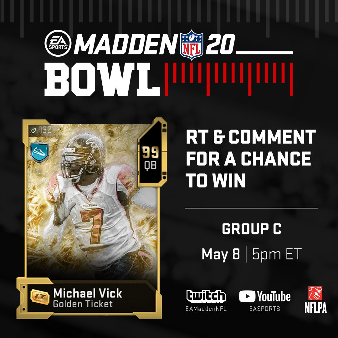 tdavisbrand's tweet photo. 🚨 Giveaway Alert

‼️ Follow, RT, and Comment #MaddenBowl for a chance to win this 99 Overall Mike Vick Golden Ticket! I’ll choose a winner randomly tonight after the games. 

🏈 Make sure to tune in to Group C of the Madden Bowl tonight at 5pm est 
https://t.co/hJFGMzt5CQ https://t.co/vD3slNNoIf