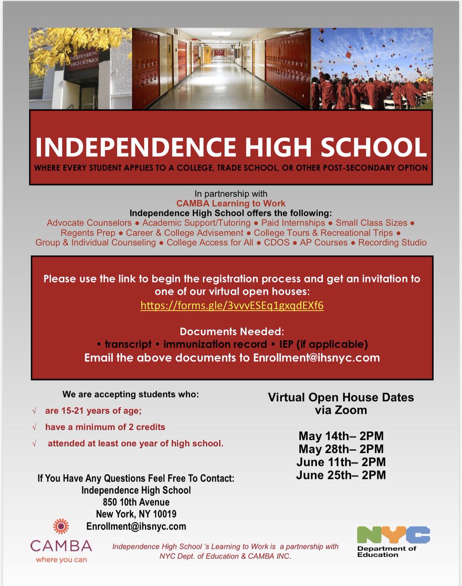 Join Independence HS Virtual Open House Series in the months of May &amp; June #nycdoe #access #citywide #transferhighschools #championsforchildren  #nyc
