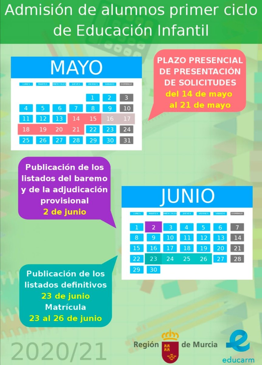 Educarm's tweet image. Fechas 🗓️ del proceso de escolarización. 

👶 Infantil, 🧒Primaria, 👧 Secundaria y 👨‍🎓 Bachillerato.
