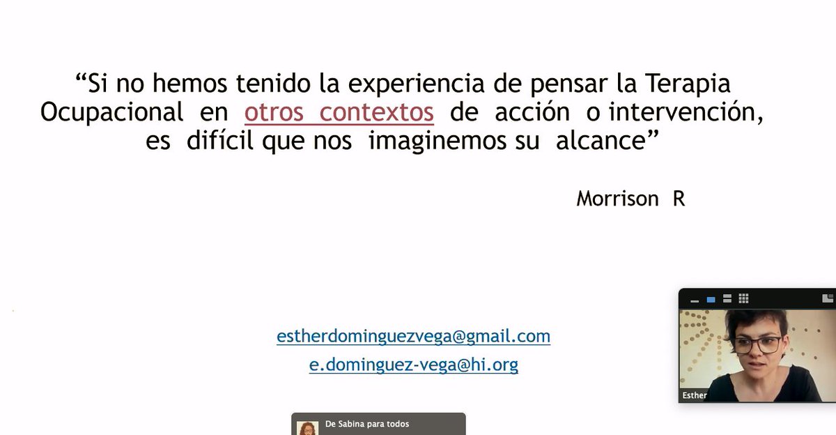 pabloacg's tweet photo. "Si no hemos tenido la experiencia de pensar la #TerapiaOcupacional en otros contextos de acción o intervención, es difícil que nos imaginemos su alcance".
Esther Domínguez citando a @RodolfoMorrison en el cierre de su sesión en los #ViernEx del @coptoex #TerapiaOcupacional https://t.co/jacwoaJ3p9