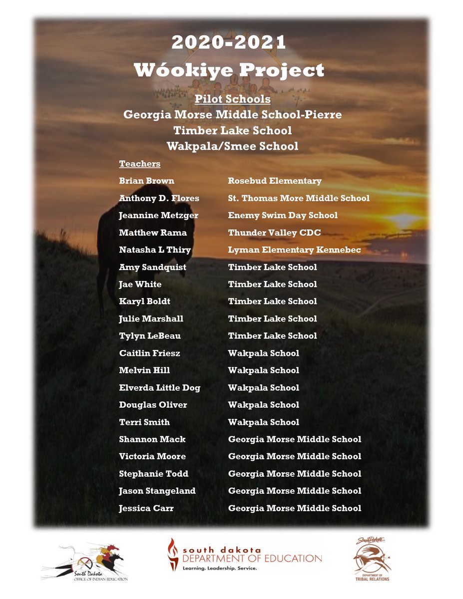 SD_IndigenousEd's tweet photo. The SD Office of Indian Education would like to announce the inaugural cohort of Wookiye Teachers and Pilot Schools. 
Wóphila! https://t.co/7FaMEt3l9j