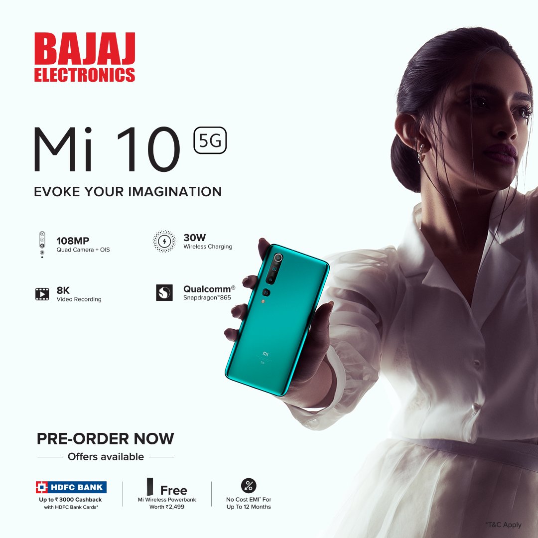 Introducing the all-new #Mi10, 108MP with OIS
Pre-order today and get the #MiWirelessPowerbank worth ₹2,499 Free
Avail up to ₹3,000 cashback on HDFC Bank cards.

#BajajElectronics #Store #NowOpen #WeAreBack #Electronics #Gadgets #Mobiles #Smartphone #CashBack #LatestPhones #Mi