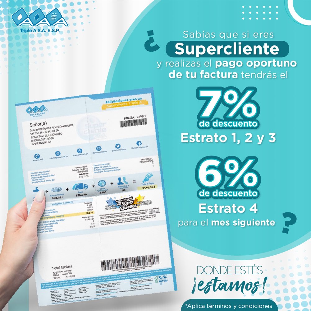 SomosTripleA's tweet photo. Ser #Supercliente paga, y traemos estos beneficios con nuestra campaña de incentivos al pago de tu factura Triple A. Paga tu factura antes de la fecha de vencimiento y recibe un 7% de descuento en tu próxima factura. https://t.co/yxewICWF1r