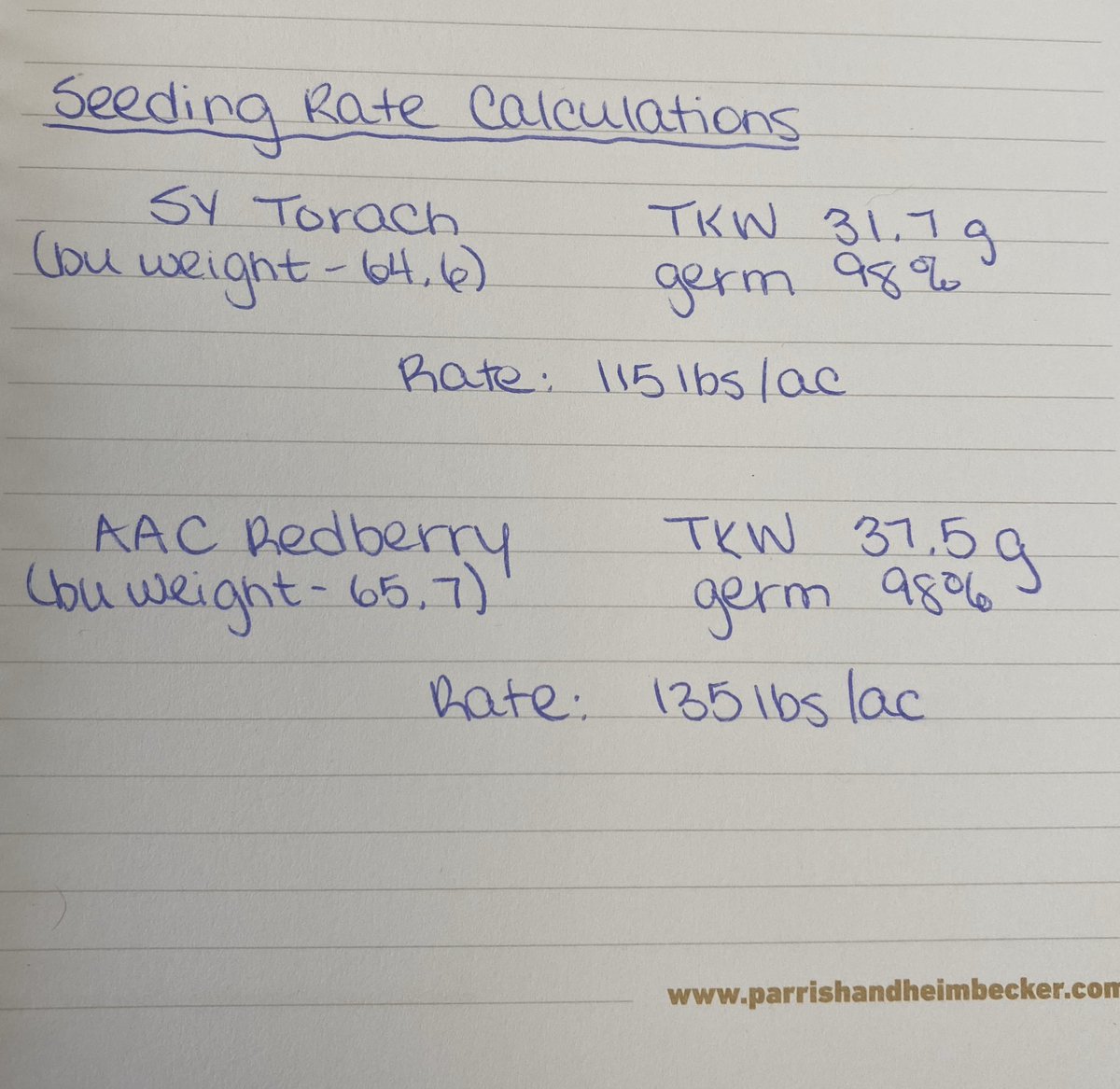 Why seeding at “2 bu or 120 lbs” doesn’t cut it! Seeding rate for <a href="/AllianceSeed/">Alliance Seed</a> varieties SY Torach &amp; AAC Redberry have 20lb difference based on TKW. AB Ag has a handy online calculator: agric.gov.ab.ca/app19/calc/cro… <a href="/ParrishHeimbeck/">Parrish & Heimbecker, Ltd</a>