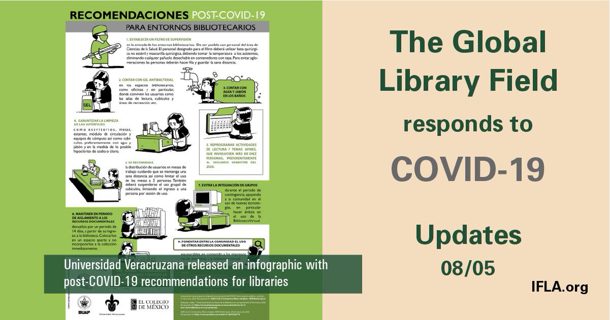 IFLA's tweet photo. Together, the #library field is proving its resilience, inventiveness, and value!

Our #COVID19 resource page includes new resources on re-opening from @fesabid 🇪🇸 @ALIANational 🇦🇺 and @VOBtweet 🇳🇱, and is now available in all 7 IFLA languages!

Read more: https://t.co/U6GbftYdvh https://t.co/pOSLpfgnH2