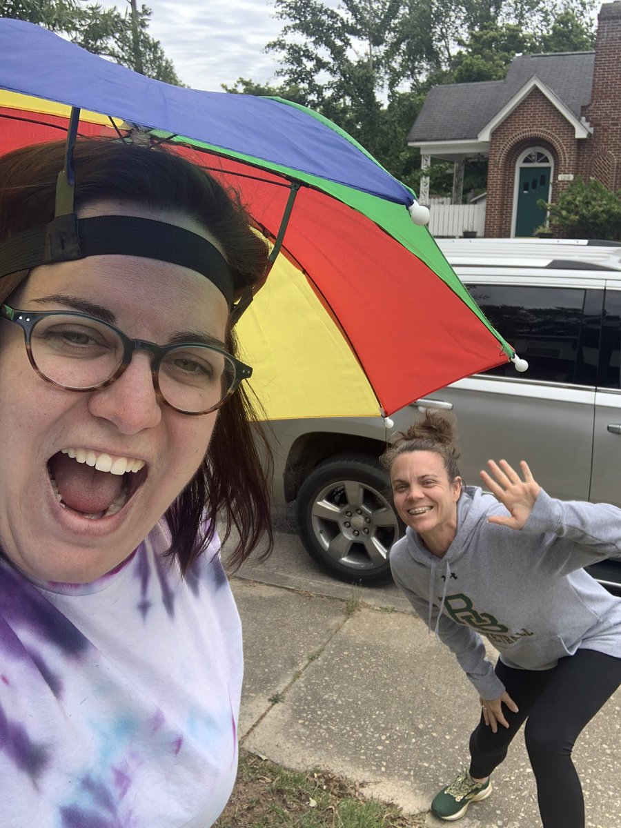 Astack20's tweet photo. @mgmgators, thank you for the Teacher Appreciation gift! I had my umbrella hat on just in case it rained! Thanks @jamiefpowell12 for coming to see me!  #wearecrew https://t.co/ZIAggXPnoi