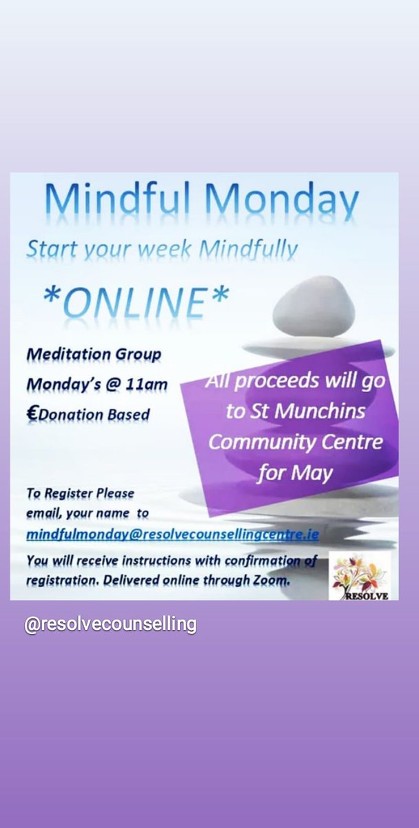 ResolveLimerick's tweet photo. Resolve are donating all proceeds from our Mindful Monday Meditation Group to St. Munchin's Community Centre's GoFundMe page.

To Donate what you can please follow this link to their Go Fund me page to Donate.
https://t.co/iA1PTGmU2l https://t.co/qtYMRBUf2V