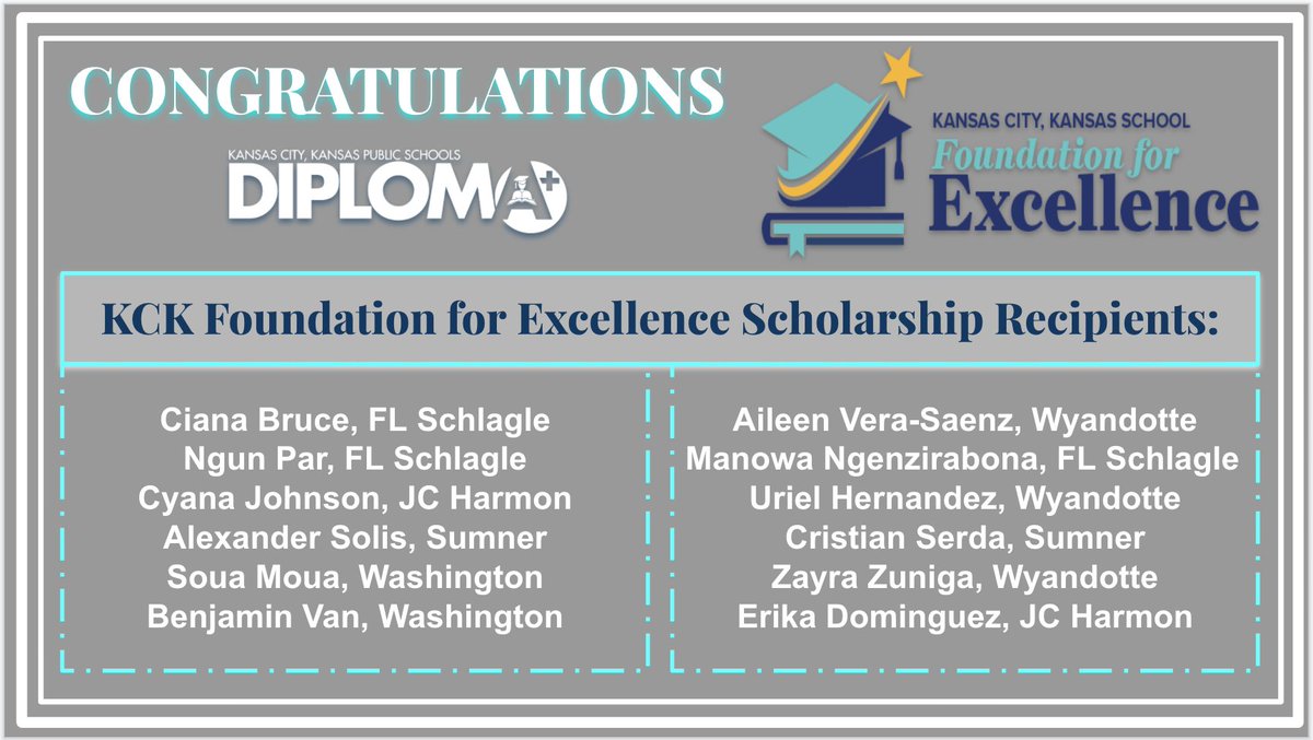 KCKDiplomaPlus's tweet photo. More good news for the Class of 2020! We are so excited to congratulate the @KCKS_Foundation Scholarship Winners! We are so proud of you! @kckschools #kckpsontrack @KCKStallions @jcharmonhigh @kckps_sumner @wash_kc @WyandotteHigh https://t.co/Mja4OPwHUT