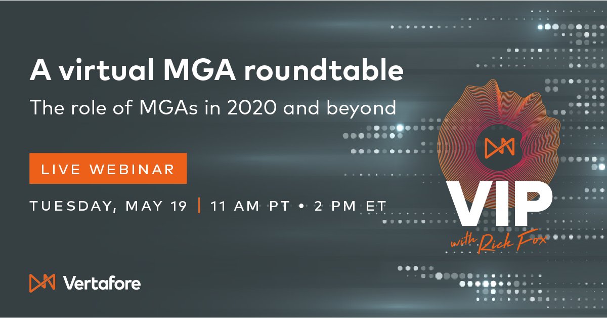 Vertafore's tweet photo. MGAs, this one’s for you! #VIPodcast host Rick Fox will lead a panel of experts from across the industry in a discussion on changes in the insurance landscape, leveraging technology, and more! Register for the webinar now: https://t.co/uiW4CGCo96 https://t.co/tN14fwxin1