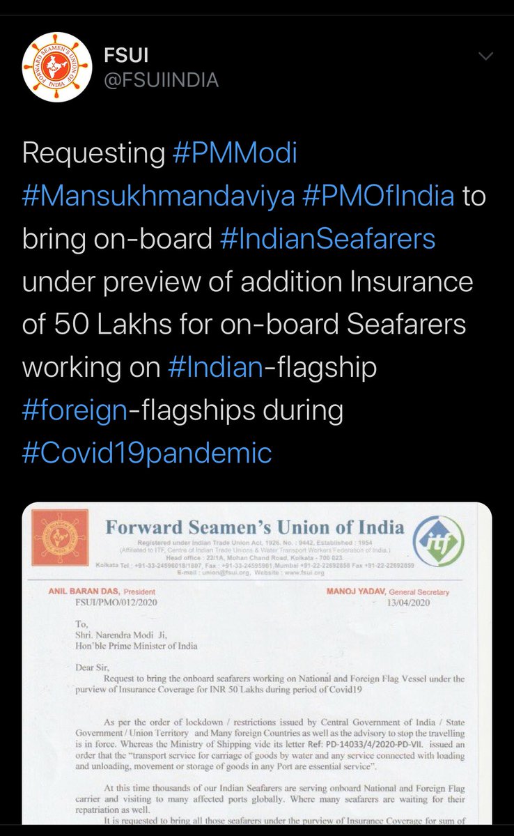 #portworkers & #Seafarers r two sides of coin. Both are playing their role 2 keep world moving during #COVID19Pandemic  #safety #security of both should be on priority. #mansukhmandaviya ji congratulation for approval of 50 lacks #insurance for #dockers why not #Seafarers ?