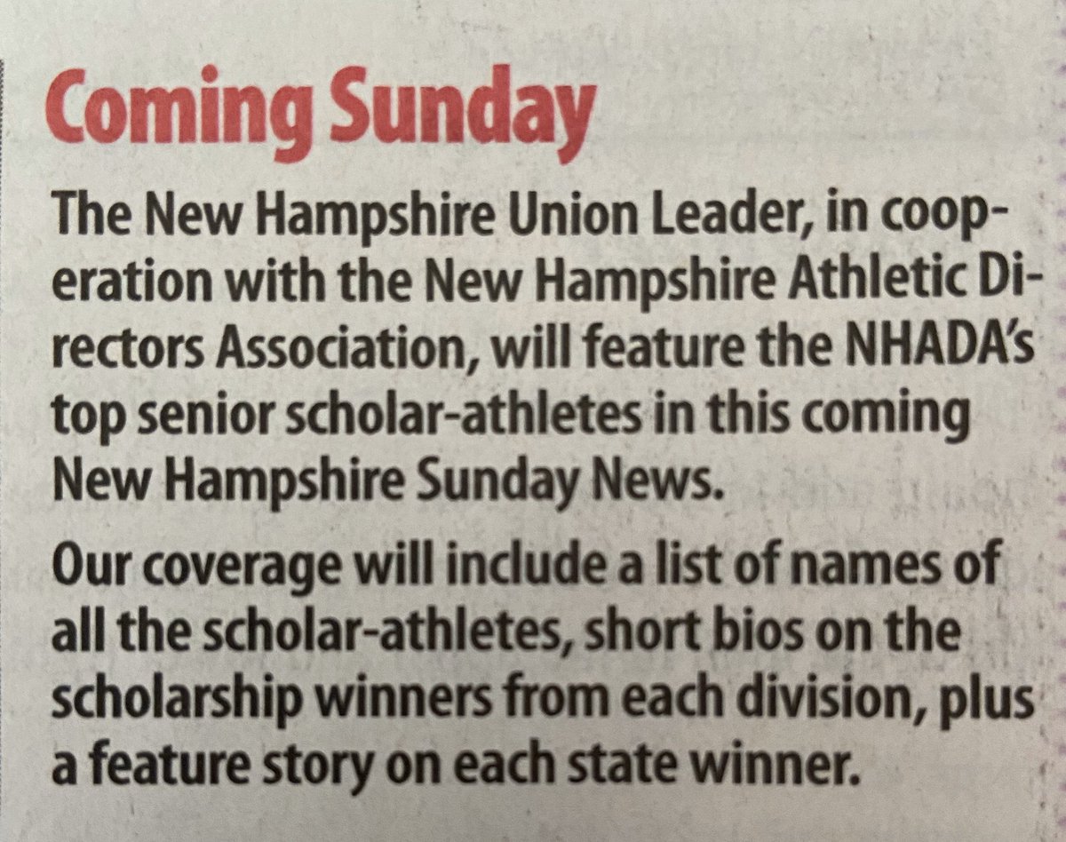 Check this out👇 Sunday May 10th. Thank you to our partner in this event <a href="/NHIAA_LOA/">NHIAA</a>  &amp; to the <a href="/NHULSports/">Union Leader Sports</a> <a href="/UnionLeader/">UnionLeader.com</a> for making this happen! Congratulations to all scholar athletes &amp; to the scholarship winners. We are proud of you &amp; your academic and athletic accomplishments.