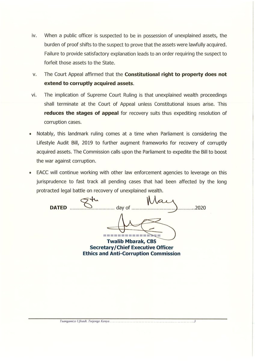 EACCKenya's tweet photo. Press Statement on the landmark ruling by the Supreme Court settling the law on recovery of unexplained assets. https://t.co/UytzFndgeN