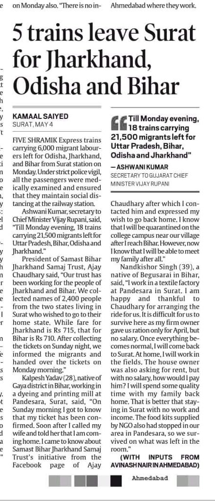 ArchaChaudhary's tweet photo. Over 8.4k people transported safely to Bihar &amp; Jharkhand from Surat back to back and many more to go  by @ajaychaudhary_ and his team from SBJST surat who’ve worked 24*7 with excellent coordination. So proud to be his daughter. #Themaninyellow #MyTwitterdebut https://t.co/QYlLwzmKSh