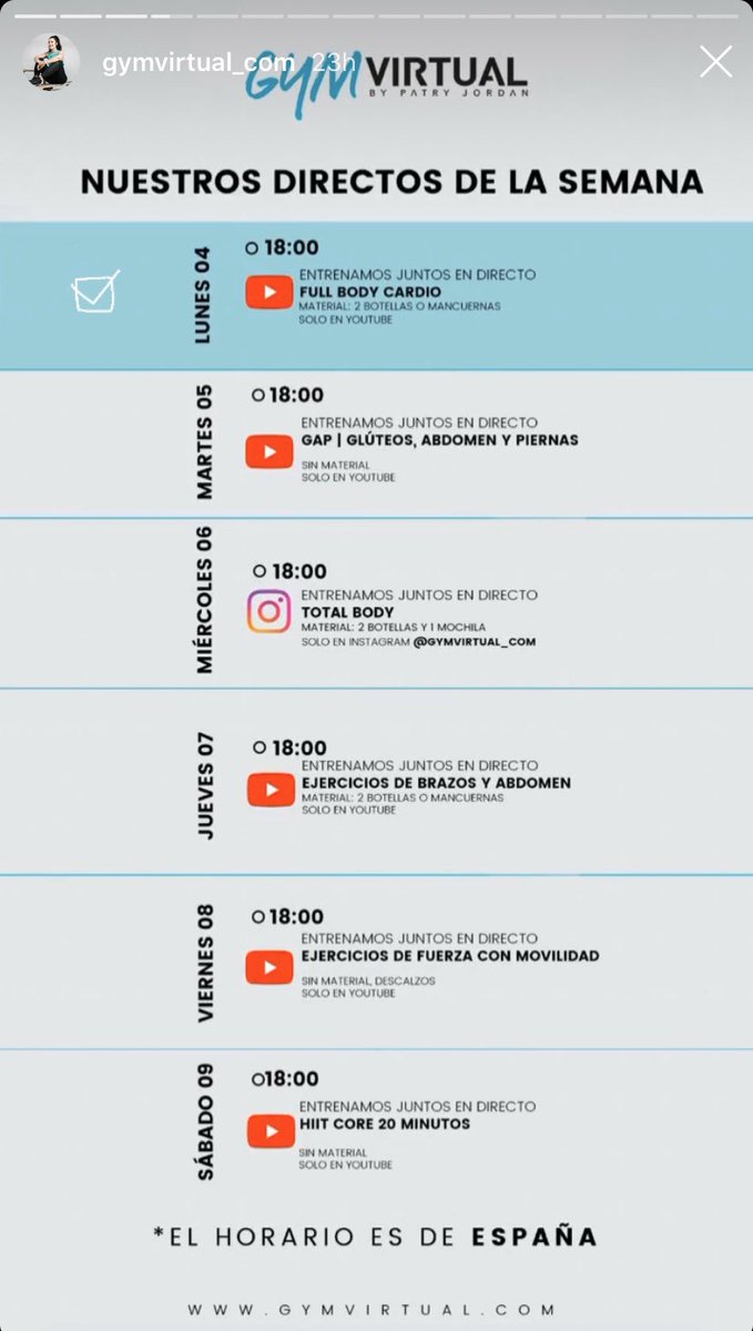 |¿Todavía no tienes plan para mañana?| ¡Toma nota!✍🏻

Para los más madrugadores⏰👇🏻...

🟣Couple full body workout con Paula Ordovás, a las 11:00h.

Y para los que prefieren hacer ejercicio por la tarde⚠️...

🔵Hit Core 20 min. con <a href="/patryjordan/">Patry Jordan</a>, a las 18:00h.

¿Te apuntas?👏🏻