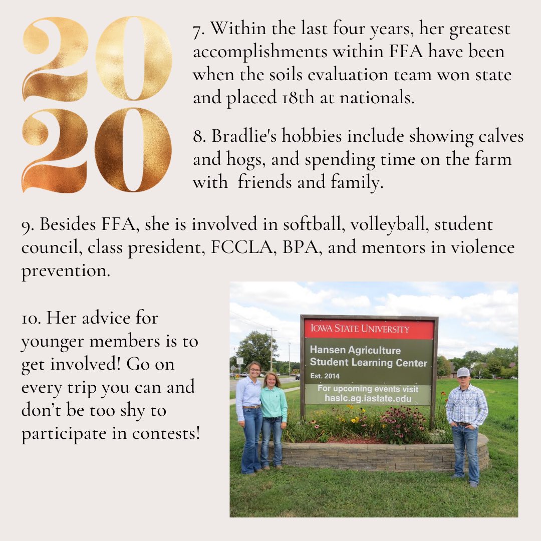 The first senior that we would like to recognize is Bradlie Wilmes from the Brokaw FFA chapter. Thank you so much for all of your hard work and good luck in the future!