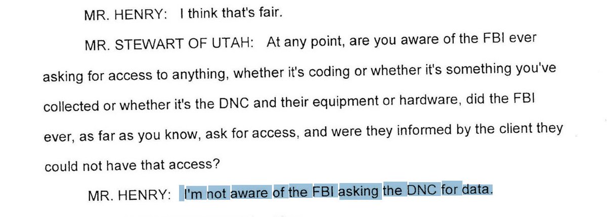 Shawn Henry of CrowdStrike told Congress he was not aware of the DNC denying any request for access by the FBI related to the server hack.James Comey told Congress the DNC denied "multiple requests at different levels."Who is lying?(Pg 30-31)  https://intelligence.house.gov/uploadedfiles/sh21.pdf