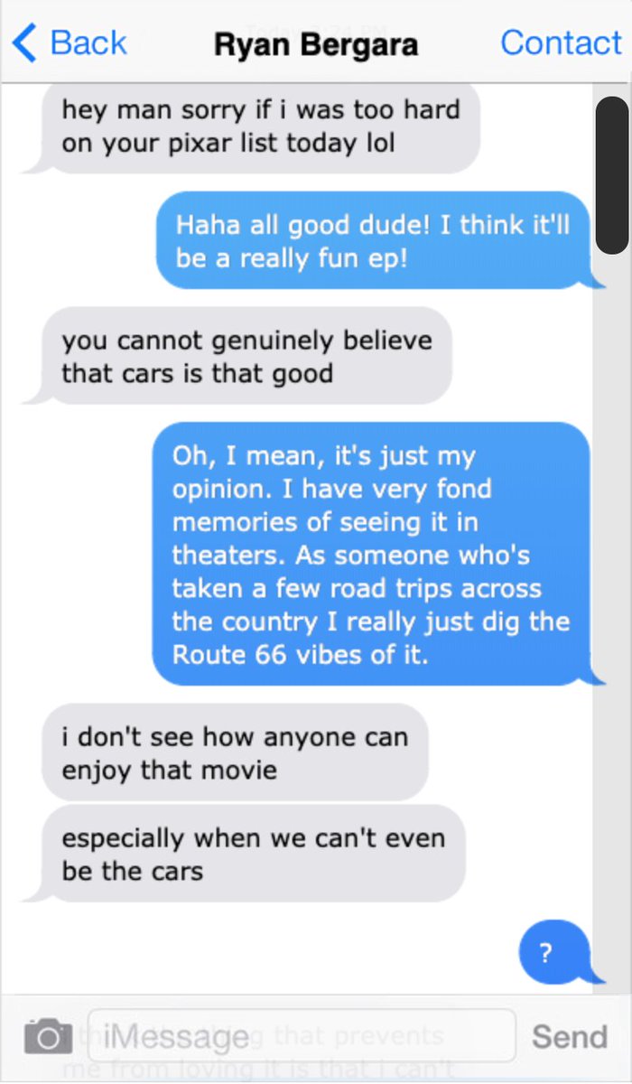Despite his ranting against Pixar& #39;s Cars in this week& #39;s Top 5 Beatdown,  @ryansbergara reached out to me shortly after we shot the episode and I feel obligated to share this real conversation. Ryan is my friend and I take no pleasure in reporting this.