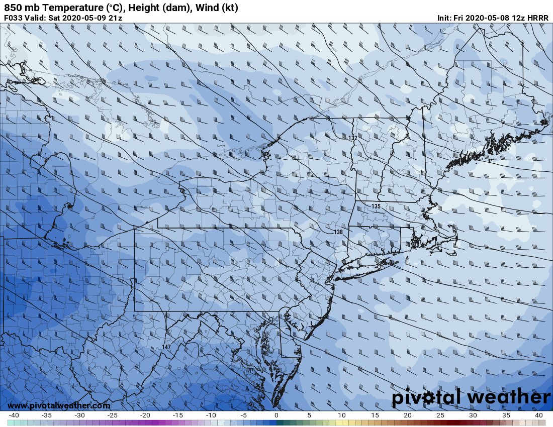 Interesting setup for May in the Northeast tomorrow afternoon. Could see snow squalls during peak heating and sfc temps around 40F... Near record cold temperatures aloft support very steep lapse rates up to ~550mb with modest instability. Forecast sounding near Danbury, CT: #ctwx