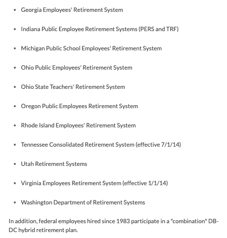 PensionDialog's tweet image. Combination hybrids feature a DB component usually providing modest pension benefit combined with a DC component that usually is mandatory. Combination hybrids are in place, either on an optional or mandatory basis include:
