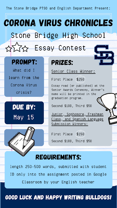 sbclassof2022's tweet photo. Hey sophomores, are you looking for something to do this quarantine? Write a 250-500 word essay about what you have learned from the Coronavirus crisis. This is something fun to do, and there are cash prizes for the top essays submitted! https://t.co/6NgjllhIGY