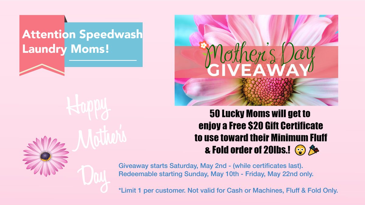 SpeedwashOrange's tweet photo. Wishing you a #HappyMothersDay from all of us at #Speedwash #Laundromat and #WaterStore II 🌻🌹🥀
#MothersDay Giveaway!
📢 Attention #Laundry Mom's - head over to Speedwash today to pick up your #MothersDayGift - one FREE $20 #FluffandFold #LaundryService Gift Certificate!!!! https://t.co/G6qaO8xWWh