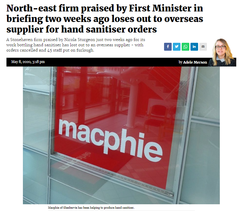 Two weeks ago Sturgeon was praising Stonehaven company McPhie for creating enough hand sanitiser for all of Scotlands NHS.

Today the same company has had to put 45 staff members on furlough because the Scottish Government opted instead to buy from a foreign company.

What a mob.