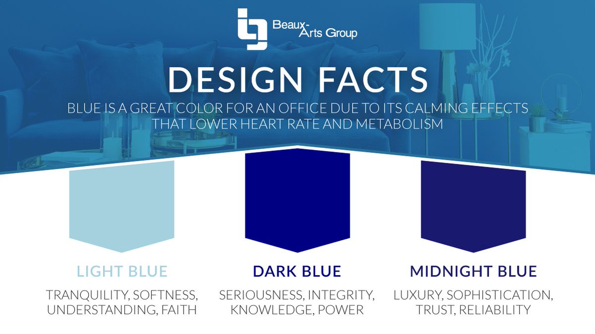 BeauxArtsGroup's tweet photo. #DesignFacts: Blue is a great color to use in an office due to its calming effects that lower heart rate and metabolism. We could all probably use some extra calm these days! https://t.co/0QQySmc10l