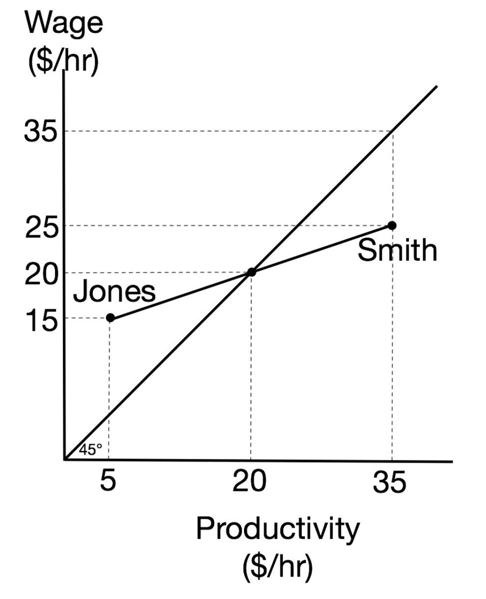 In practice however, observed wages differ much less than observed productivity differences. Smith might be paid only $25/hr, for example, while Jones might be paid $15/hr.
