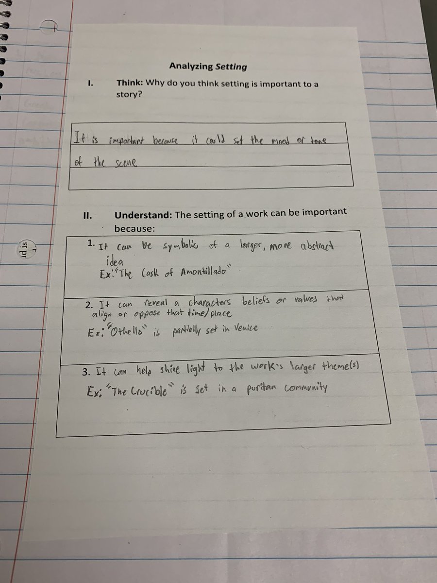 LiteraryMrG's tweet photo. There are some fantastic notes in our interactive notebooks over: 1) Character complexity, 2) setting, and 3) POV that I think will come in handy for the #Q2Prose essay! https://t.co/n9aGBM1QGp