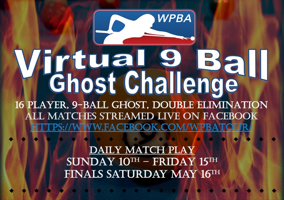 WPBAbilliards's tweet photo. Starting this Sunday and going on for an entire week, 16 WPBA ladies will compete in a Virtual 9-ball Ghost Challenge. Matches will be on livestream on the WPBA Facebook page. Check out the tournament bracket at https://t.co/Dnh8RryoKG. #billiards #wpba #ladiespool #virtual9ball https://t.co/sncbtmBc2J