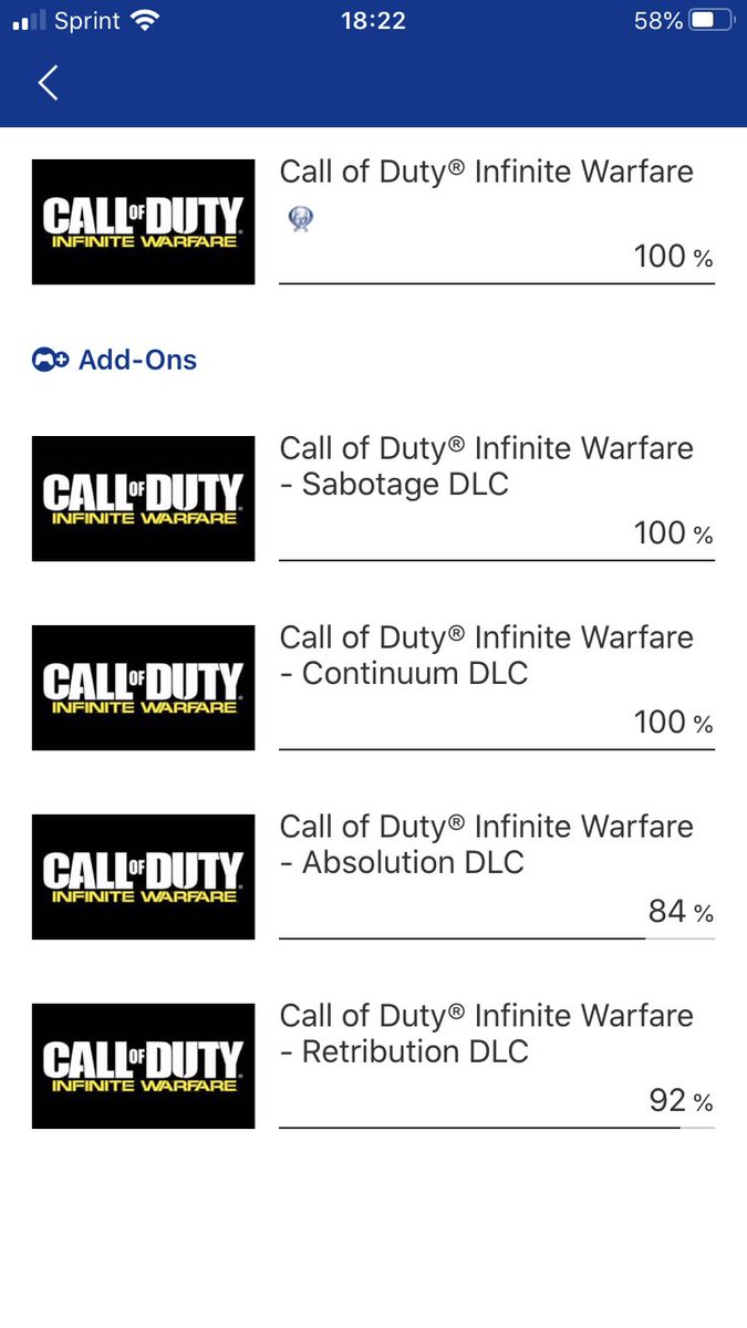 NoMoreUpdatez's tweet photo. Done and done!! #Platinum #TrophyHunter #AllDLC
CoD: Infinite Warfare (100% done) thanks a ton to my friends that carried me through zombies!! https://t.co/60Den9pumb