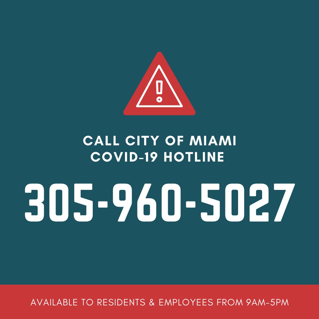 Please note - the City of Miami #COVID19 Hotline (305-960-5027) &amp; Call Center (305-960-5050) will have new operational hours beginning tomorrow, May 9. The new hours will be from 9AM - 5PM &amp; open 7 days/week.