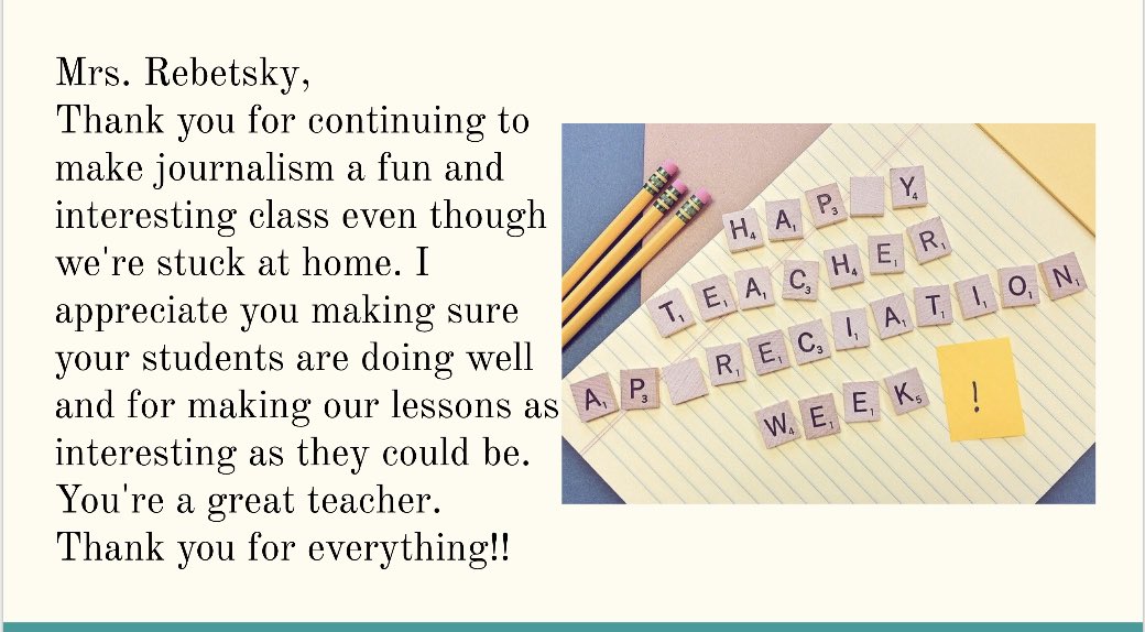 Gillianh05's tweet photo. happy teacher appreciation week!! @cruellarebetsky thank you for everything, i appreciate you so much! #ThankATeacher @FCPSMaryland @LancerLeader @LHSJournalism https://t.co/2t809ozTij
