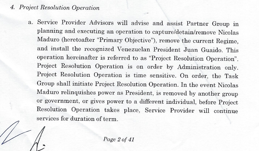 I'm reading the insane contract Silvercorp and  @jguaido signed for the  #Venezuela coup. The operation was to capture, detain or 'remove'  @maduro_en. This sounds awfully like a hit contract.