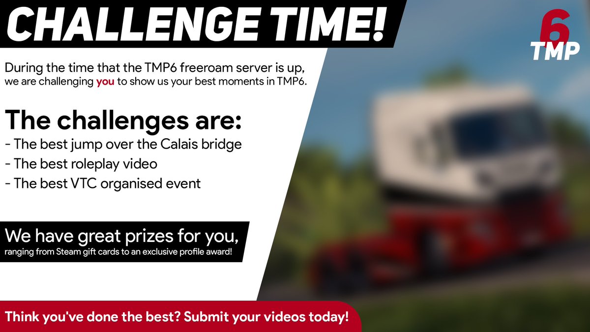 TruckersMP's tweet photo. 📷 #TMP6 Social Media Challenge 📷
From now until next Friday, May 15th, we are challenging you to show us your best moments in TMP6!
Check out the image below for the info. Be sure to participate using the link below as we have some prizes to be won! 👇
https://t.co/SWqtr34ARk https://t.co/vCClNoOjBV