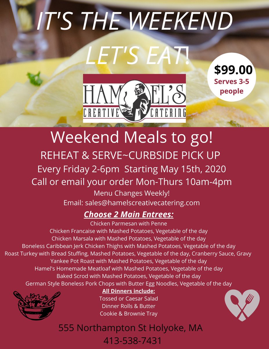 AmherstAreaCC's tweet image. What's for Dinner next Weekend? Starting next Friday 5/15, we are offering curbside pickup on several meal options. Let Hamel's Creative Catering make it easy &amp;amp; convenient for you!
See flyer for details!

#weekendmeals #letuscookforyou #reheatandserve