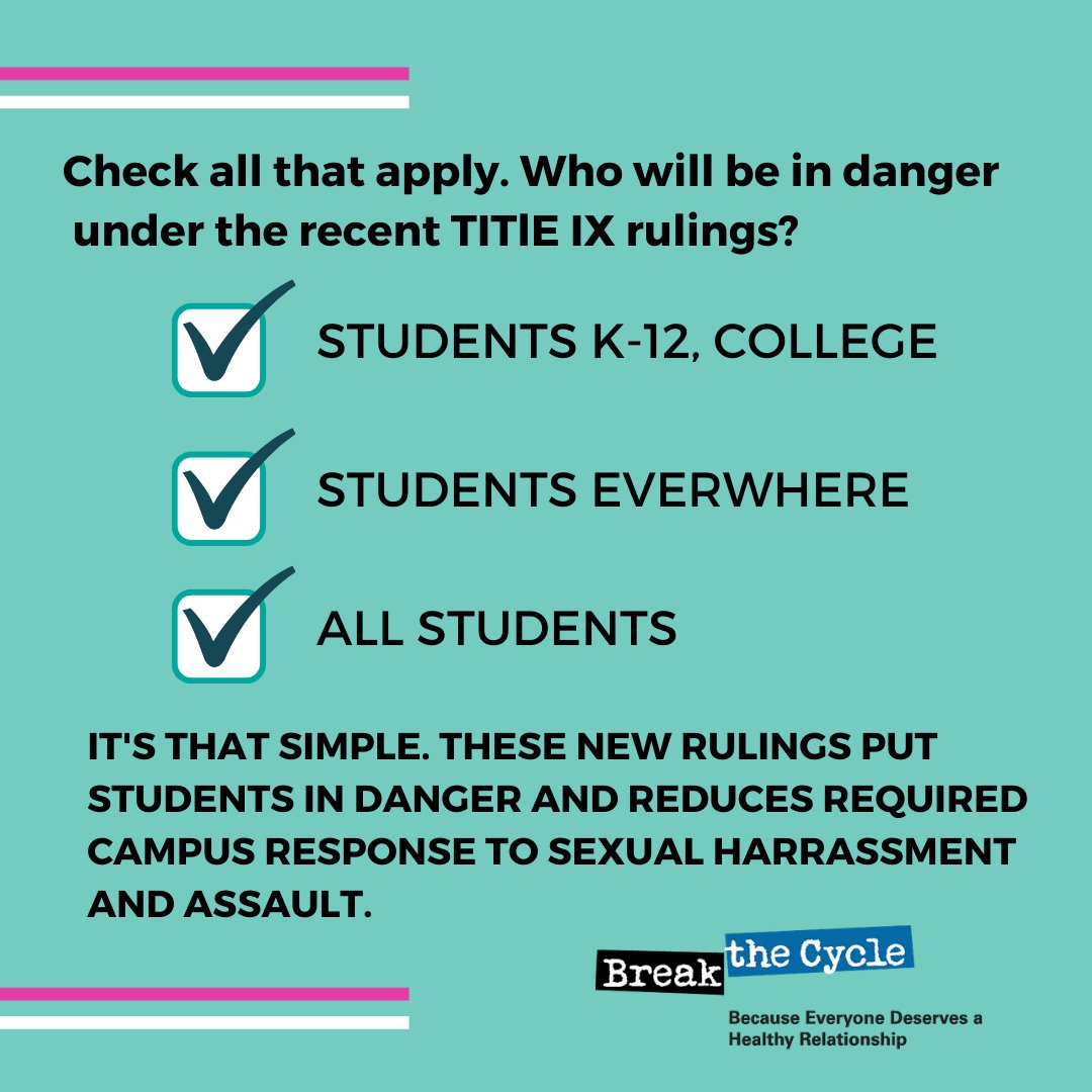 BreaktheCycleDV's tweet photo. The new #TitleIX rule would make schools more dangerous for survivors. We are making sure it NEVER takes effect. Schools, students, communities, we are still in this fight. #HandsOffIX #BTCAdvocates #BTCRealTalk #BTCSupportsSurvivors https://t.co/3ocvu9ZCxM