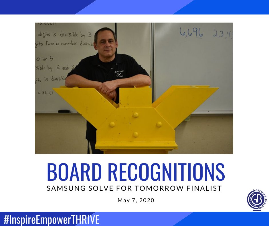 At the May Board Meeting, the school board recognized <a href="/CCMSWildcats/">Clear Creek MS</a> STEAM Teacher Tom Erickson who participated with his students in the Samsung Solve for Tomorrow competition. CCMS was awarded $15,000 and a $6,670 large screen monitor! #InspireEmpowerTHRIVE
