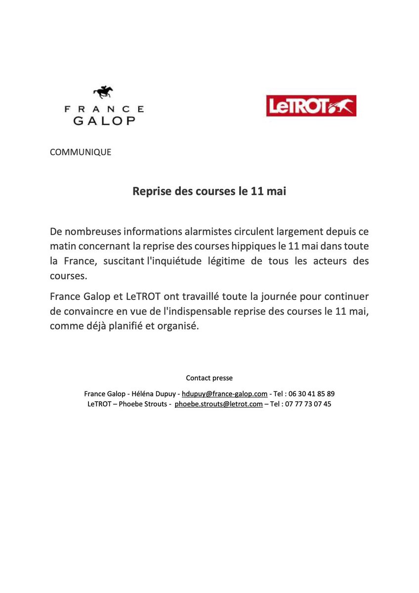 LeTrot's tweet image. [#COVID19] Les Sociétés Mères @FranceGalop et @LeTrot continuent d’oeuvrer pour une reprise des courses le 11 mai ⤵  #reprisedescoursesle11mai