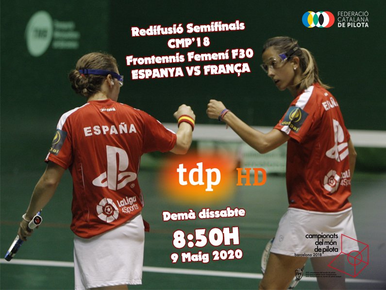 📺🎾🙋‍♀️Demà dissabte a les 08:50h podreu seguir per <a href="/teledeporte/">Teledeporte</a> la redifusió de la semifinal de Frontennis Femení del <a href="/MundialPilota/">Campionats del Món de Pilota 2018</a> de Barcelona entre les seleccions d'Espanya i França. 

#Barcelona #Pilota #PilotaViva #Pelota #PelotaVasca #Pilotari #SomEsport #SomPilota