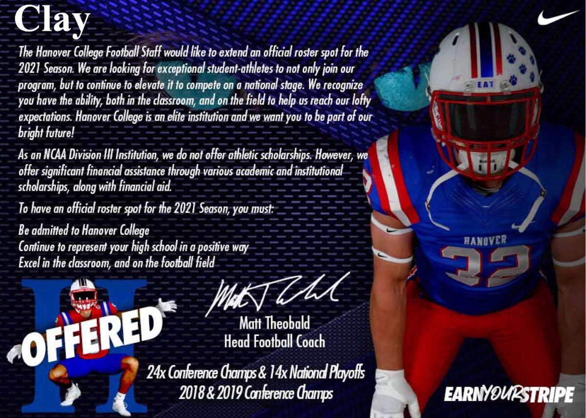 Clayford71's tweet photo. Blessed to receive my second offer from Hanover College! @Coach_Jay53 @HanoverFTBL @HeadCoachHurst @zbattles @RecruitGeorgia @NwGaFootball #UNCOMMON21
#StripeStandard
#ProtectTheH
#relentless https://t.co/8xlVsfNssX