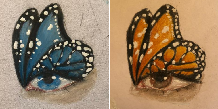 LeoneMassapequa's tweet photo. You can tell when a student really loves what they are doing through their expressive artwork. Ava made her assignment twice with these butterfleyes and Maddie reached for the stars this week. #artstrong @BernerChiefs @FPAMassapequa https://t.co/wXsnZUOLgD