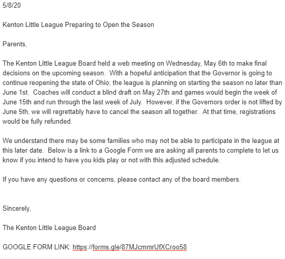 KentonLL's tweet photo. KENTON LITTLE LEAGUE - 2020 SEASON UPDATE
KLL plans to start season no later than June 1st.

Parents, please complete GOOGLE FORM: https://t.co/ghxahf1Q02 https://t.co/AJeVbtJwu7