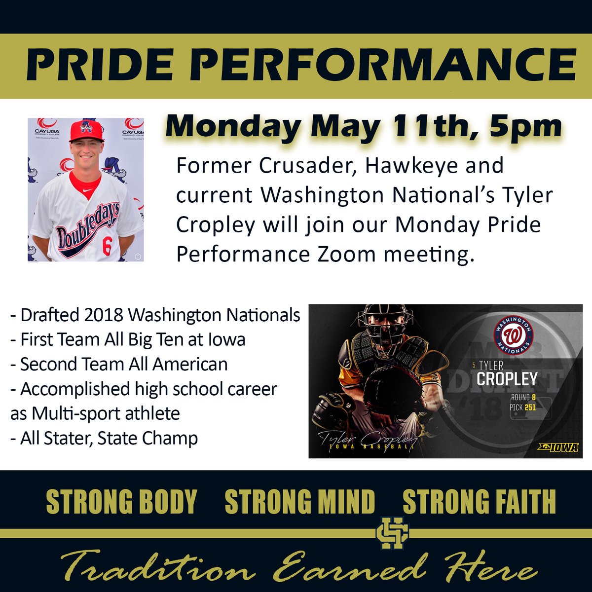 TheWePride's tweet photo. Former Crusader, Hawkeye and current Washington Nationals Tyler Cropley will join our PRIDE Performance zoom Monday May 11th at 5pm.  Check PLT4M news feed or ask your coach for zoom meeting link. #PRIDE https://t.co/gOJzIj6jzQ