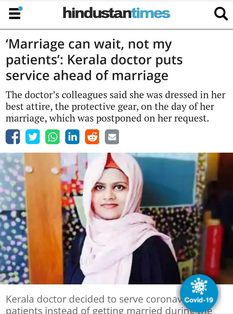 In  #Kerala : The doctor’s colleagues said she was dressed in her best attire, the protective gear, on the day of her marriage, which was postponed on her request. via  @htTweets #Covid_19 #coronavirusMore here :  https://bit.ly/2LcBr0S 