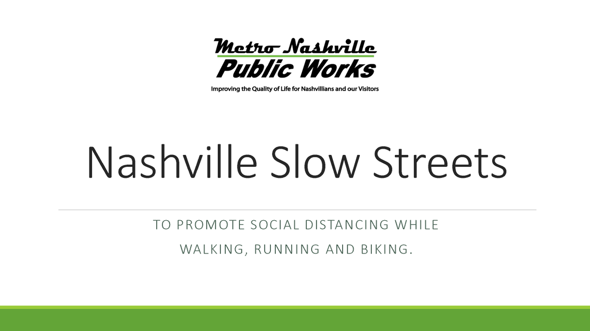 NashvilleDOT's tweet photo. In an effort to provide additional outdoor space for walking, running &amp; biking, the city of Nashville is unveiling 4.5 miles of temporary street closures in 8 neighborhoods. Signage will be put in place beginning tomorrow, May 9th.

Full press release ➡️ https://t.co/S7fZQbt2Yp. https://t.co/YxKKdsVcAk